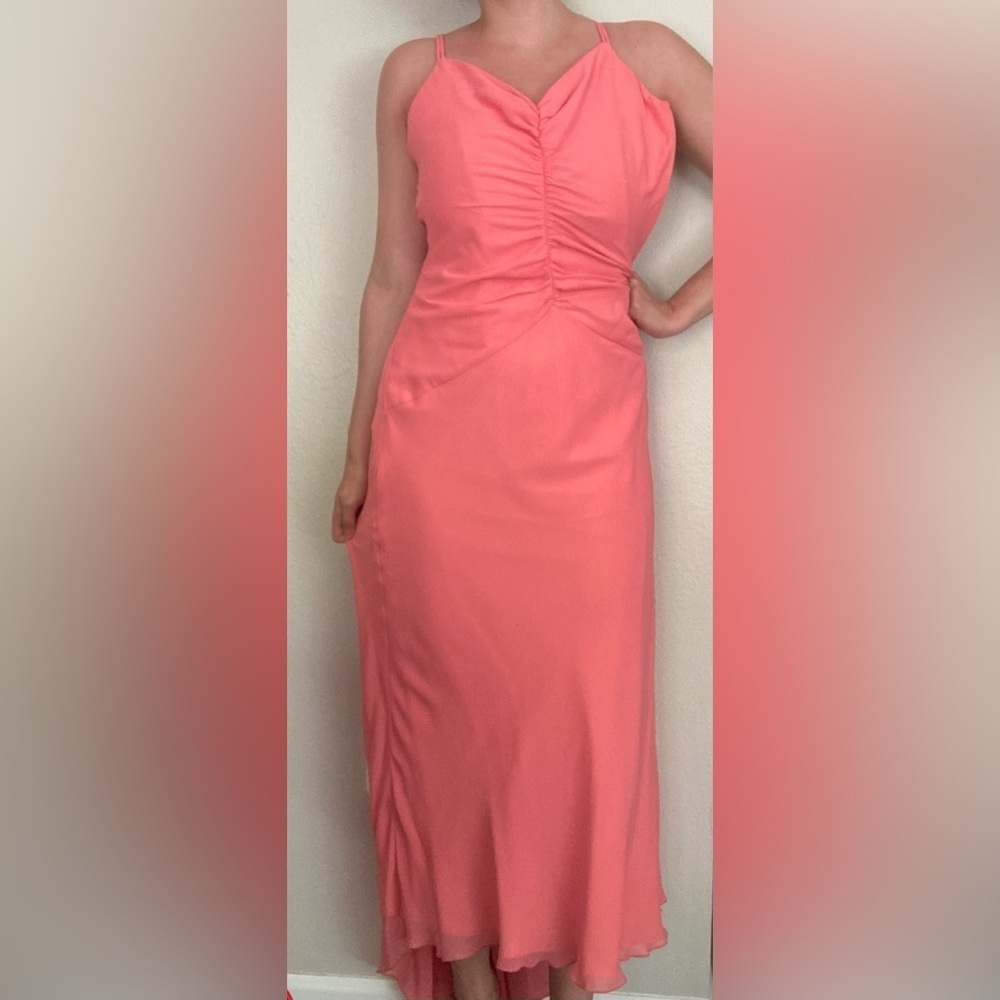 Vintage Jessica McClintock Salmon Pink Maxi Dress Size 10 With Scarf - Picture 2 of 6